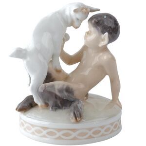 Vintage Royal Copenhagen Faun Pan Satyr Playing with Goat Sculpture #498